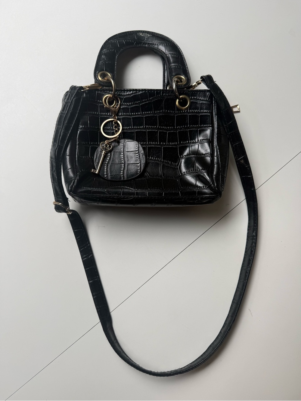Black Croc-Embossed Top Handle Crossbody Bag